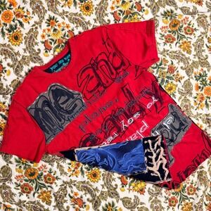 Awesome Y2K Desigual Red Patchwork Graphic T-Shirt XL Embroidered Mixed Media